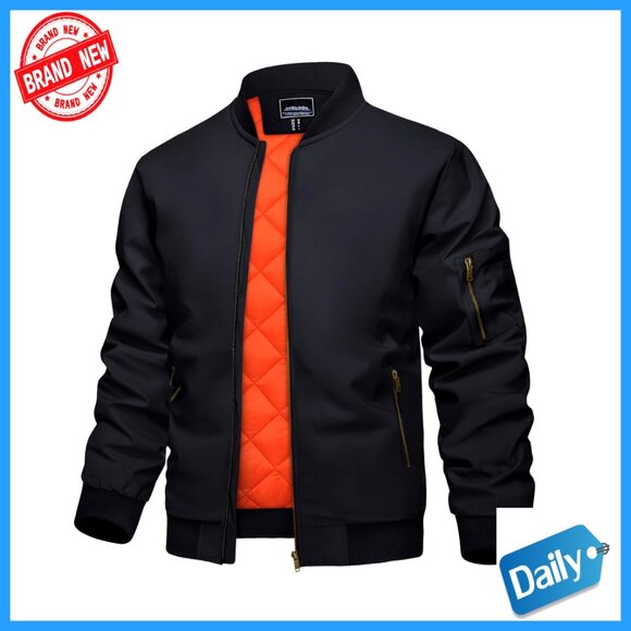 Quilted Bomber Jacket Windbreaker Full Zip Lightweight Polyester Casual Work